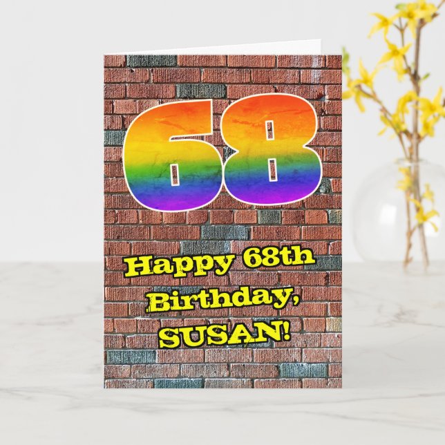 68th Birthday: Fun Graffiti-Inspired Rainbow 68 Card (Yellow Flower)