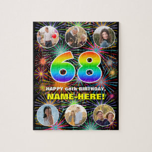 68th Birthday: Fun Rainbow #, Custom Name + Photos Jigsaw Puzzle