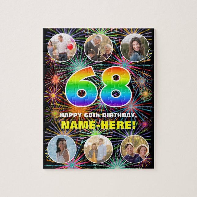 68th Birthday: Fun Rainbow #, Custom Name + Photos Jigsaw Puzzle (Vertical)