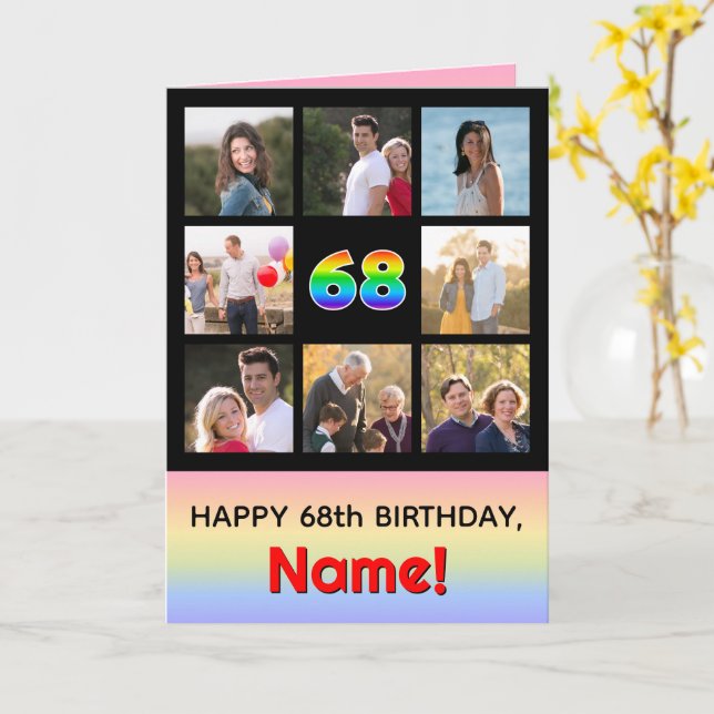68th Birthday: Fun Rainbow #, Custom Photos + Name Card (Yellow Flower)