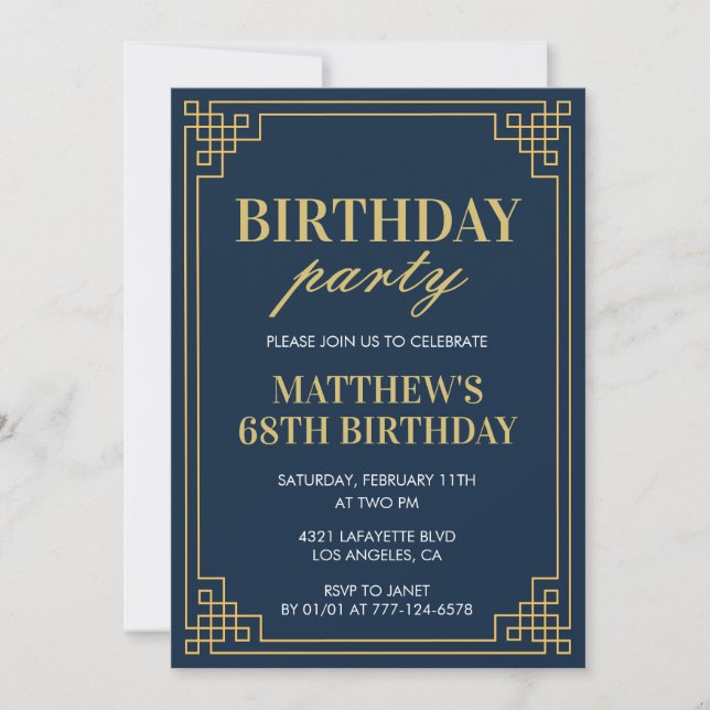 68th birthday invitations Birthday party boy navy (Front)