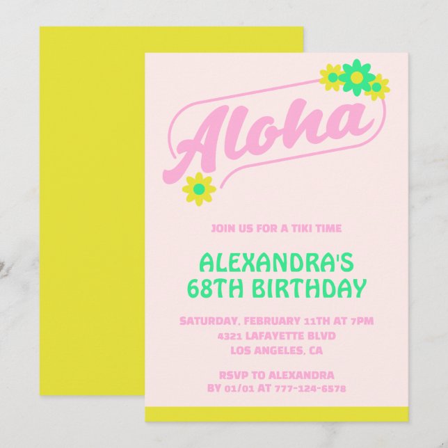 68th birthday invitations Tropical Aloha Pink (Front/Back)
