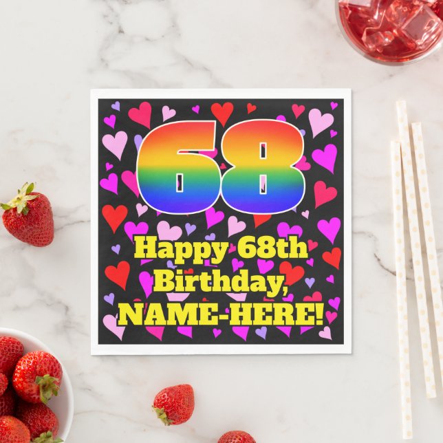 68th Birthday: Loving Hearts Pattern, Rainbow # 68 Napkin (Insitu)