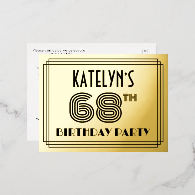 68th Birthday Party ~ Art Deco Style “68” + Name Foil Invitation Postcard (Front/Back)