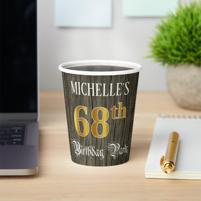 68th Birthday Party — Faux Gold & Faux Wood Looks Paper Cups (Insitu)