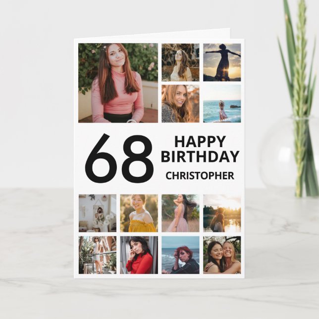 68th Birthday Photo Collage 13 Photos Black White Card (Front)
