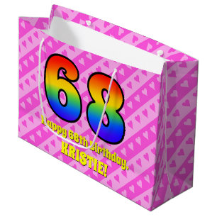 68th Birthday: Pink Stripes & Hearts, Rainbow # 68 Large Gift Bag