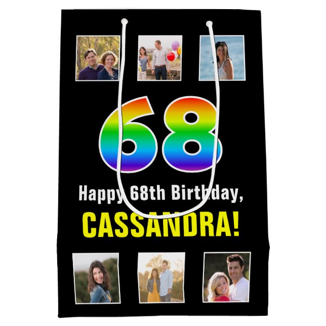 68th Birthday: Rainbow “68“, Custom Photos & Name Medium Gift Bag (Back)