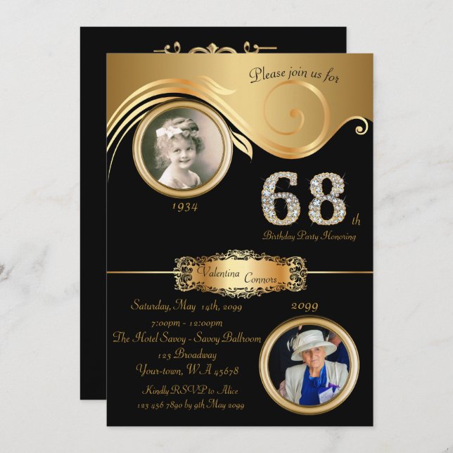68th,Birthday Woman 68th,elegant art deco,black Invitation (Front/Back)