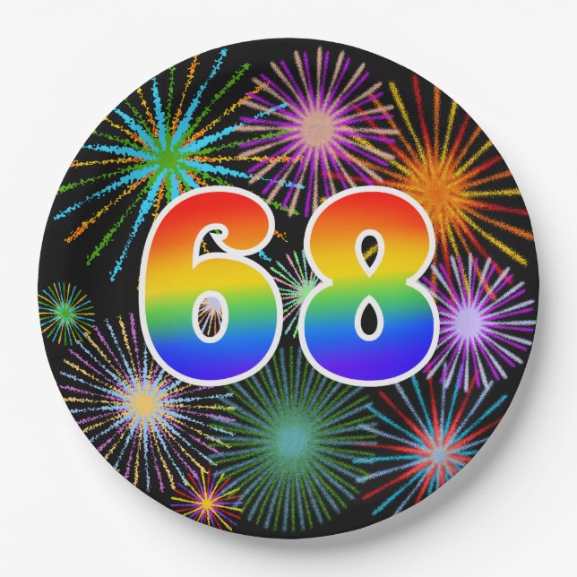 68th Event - Fun, Colourful, Bold, Rainbow 68 Paper Plate (Front)
