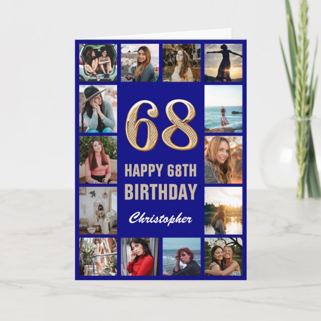 68th Happy Birthday Navy Blue & Gold Photo Collage Card (Front)