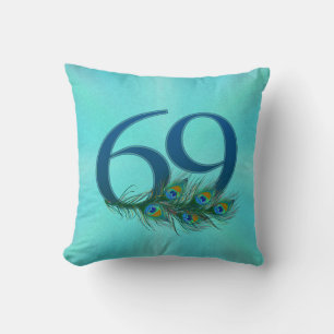 69 Peacock Feather Birthday Anniversary Elegant Throw Pillow