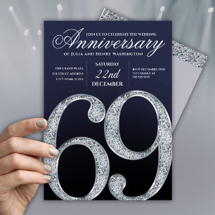 69th Anniversary Diamond Silver Navy Blue Modern Invitation