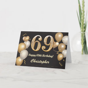 69th Birthday Black and Gold Balloons Birthday Card
