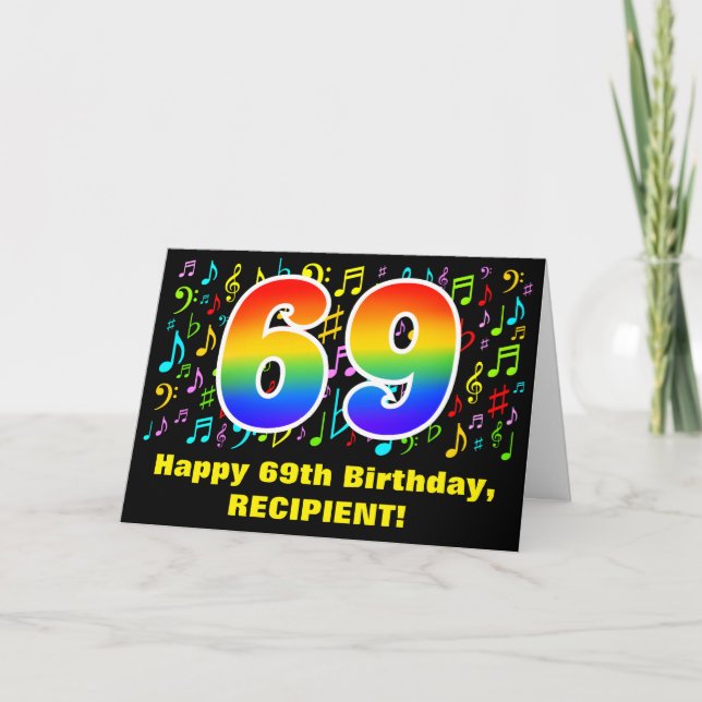69th Birthday: Colorful Music Symbols & Rainbow 69 Card (Front)