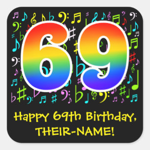 69th Birthday: Colorful Music Symbols, Rainbow 69 Square Sticker
