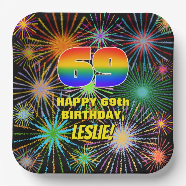69th Birthday: Colourful, Fun Celebratory Firework Paper Plate (Front)