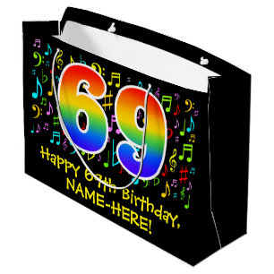 69th Birthday - Colourful Music Symbols, Rainbow 6 Large Gift Bag