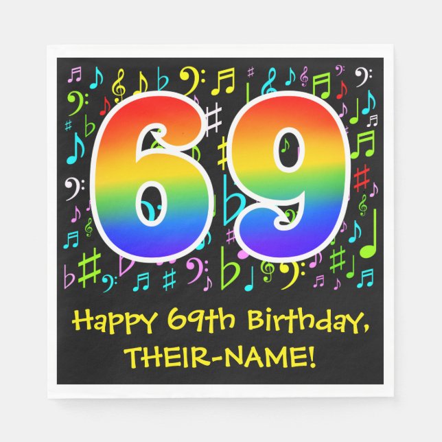 69th Birthday - Colourful Music Symbols, Rainbow 6 Napkin (Front)