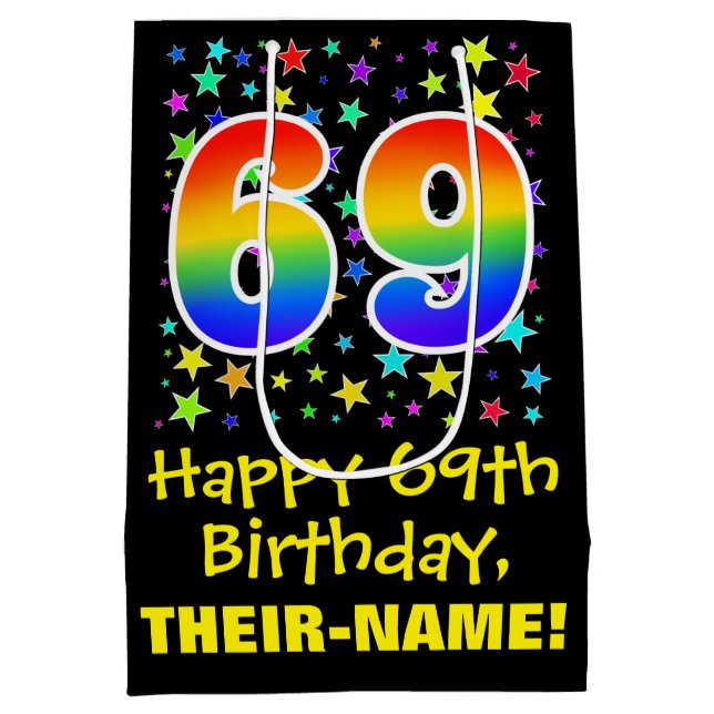 69th Birthday: Colourful Stars Pattern & Rainbow 6 Medium Gift Bag (Back)