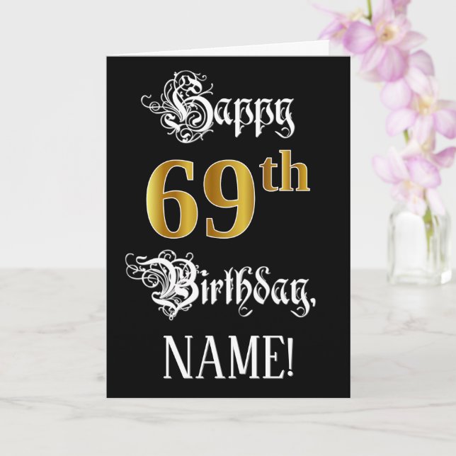 69th Birthday — Fancy Script; Faux Gold Look; Name Card (Orchid)