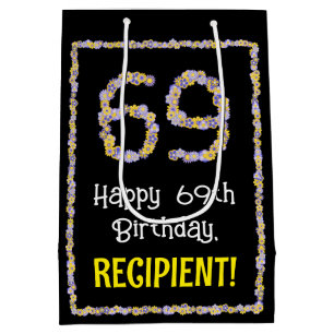 69th Birthday: Floral Flowers Number, Custom Name Medium Gift Bag
