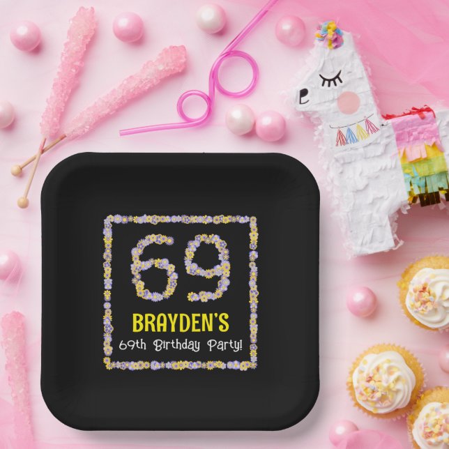 69th Birthday: Floral Flowers Number, Custom Name Paper Plate (Party)