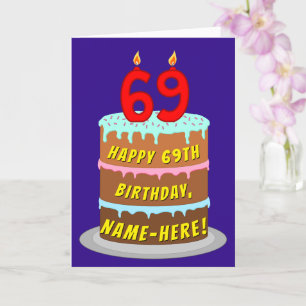 69th Birthday: Fun Cake and Candles + Custom Name Card