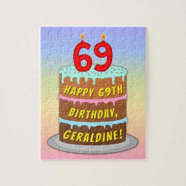 69th Birthday: Fun Cake and Candles + Custom Name Jigsaw Puzzle (Vertical)