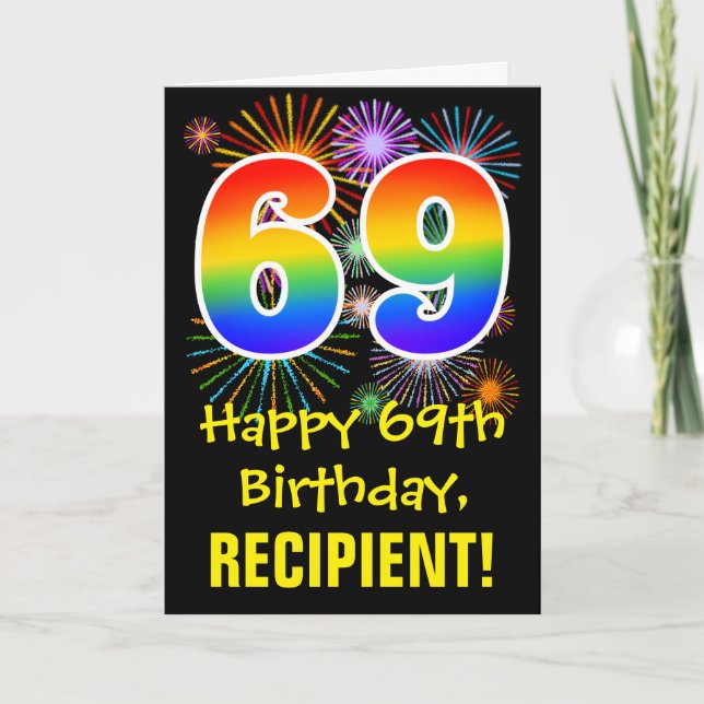 69th Birthday: Fun Fireworks Pattern + Rainbow 69 Card (Front)