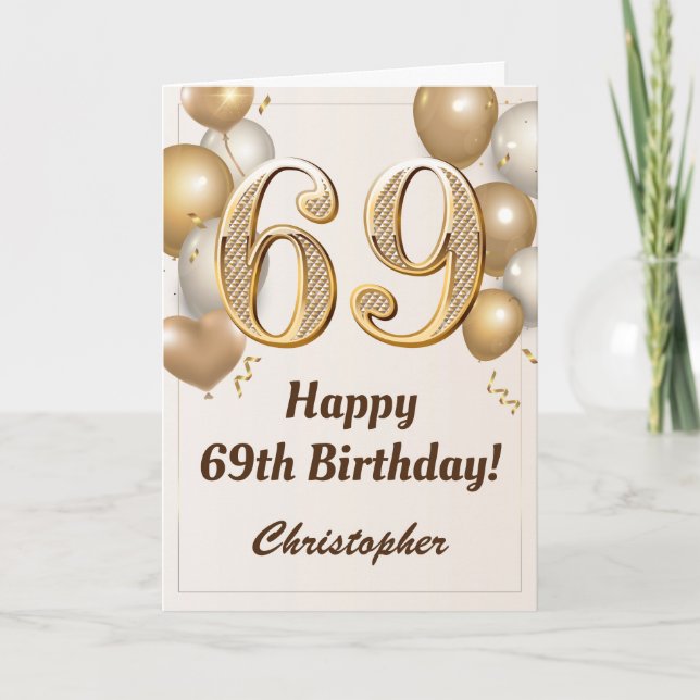 69th Birthday Gold Balloons and Confetti Birthday Card (Front)