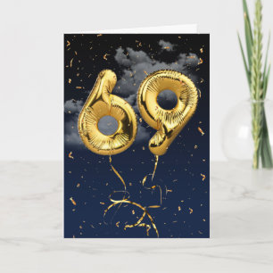 69th Birthday Gold Mylar Balloon and Confetti Card