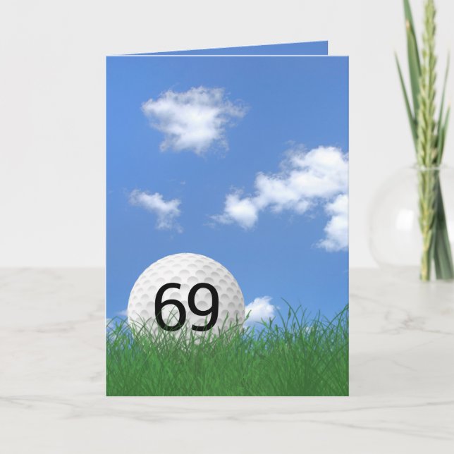 69th birthday, golf ball in grass card (Front)