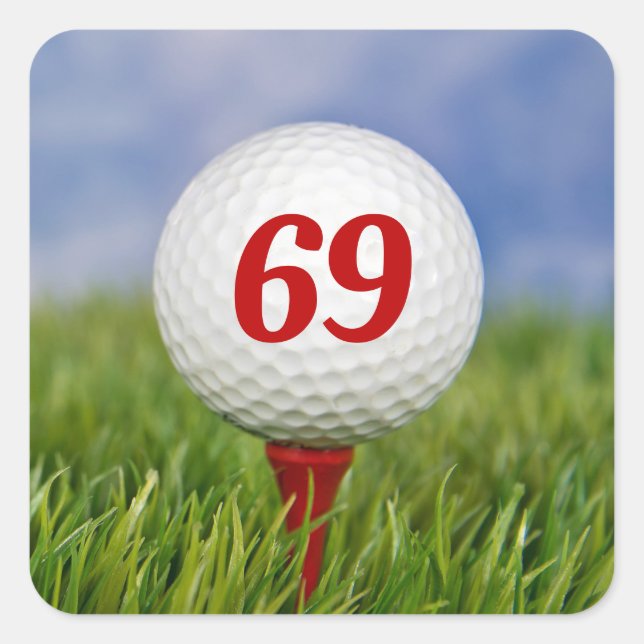 69th Birthday Golf Ball on Red Tee Square Sticker (Front)