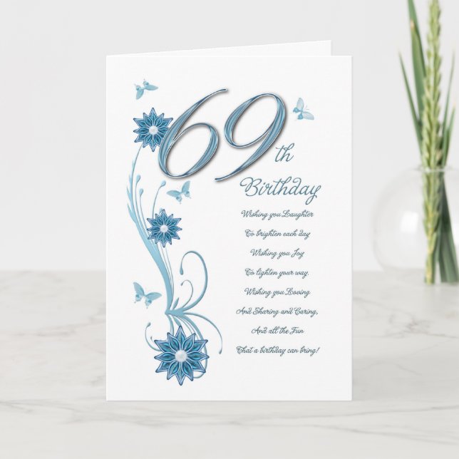 69th birthday in teal with flowers and butterfly card (Front)