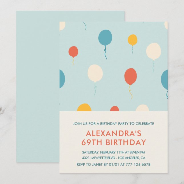 69th birthday invitations Balloons Blue (Front/Back)