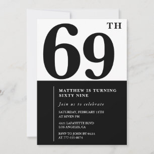 69th birthday invitations Black and White Elegant