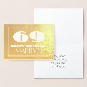 69th Birthday: Name + Art Deco Inspired Look "69" Foil Card