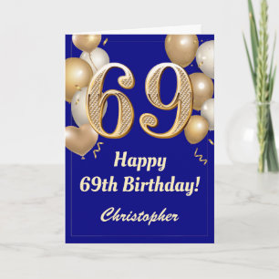 69th Birthday Navy Blue and Gold Balloons Confetti Card