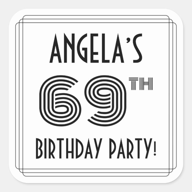 69th Birthday Party: Art Deco Style + Custom Name Square Sticker (Front)