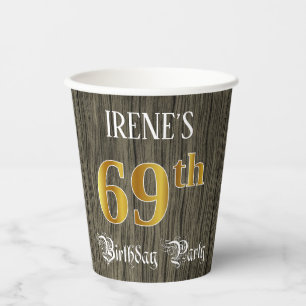 69th Birthday Party — Faux Gold & Faux Wood Looks Paper Cups