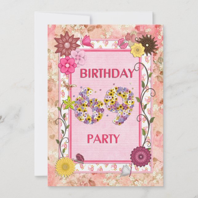 69th birthday party invitation with floral frame (Front)