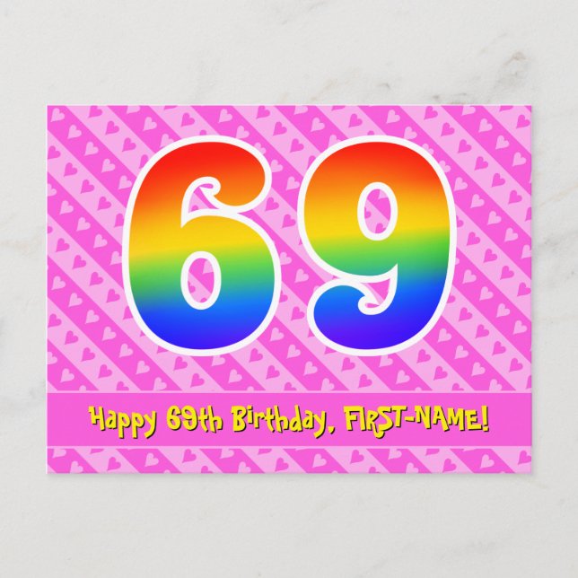 69th Birthday: Pink Stripes & Hearts, Rainbow 69 Postcard (Front)