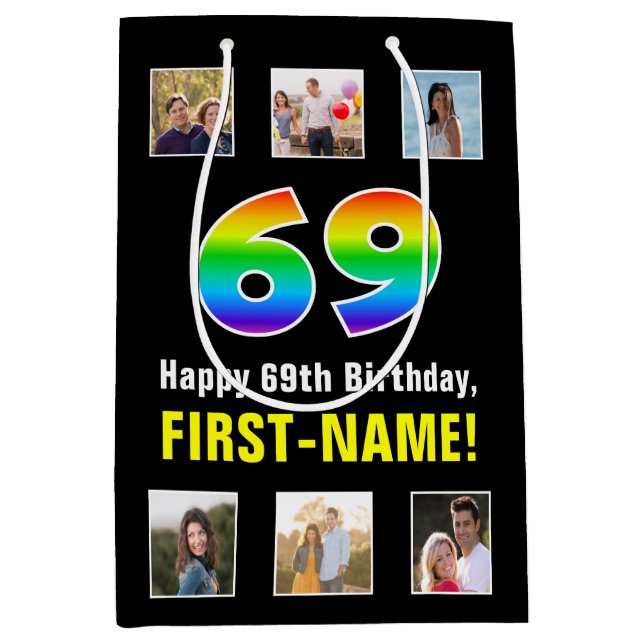 69th Birthday: Rainbow “69“, Custom Photos & Name Medium Gift Bag (Front)