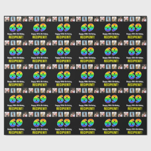 69th Birthday: Rainbow “69“; Custom Photos & Name Wrapping Paper