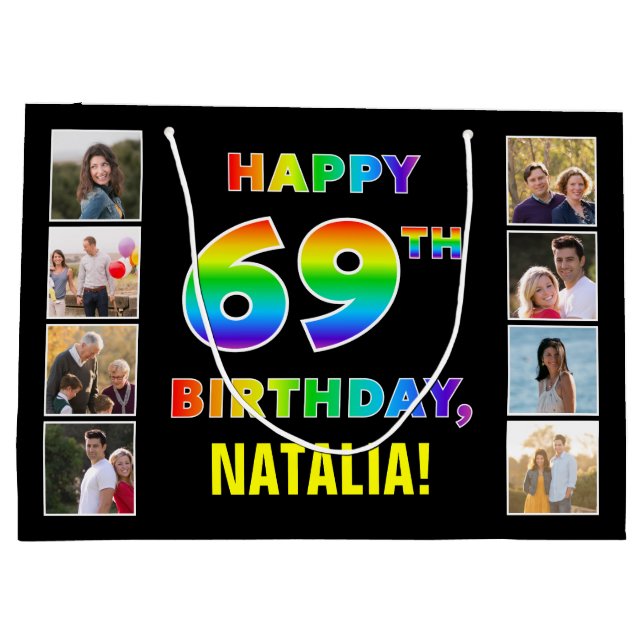 69th Birthday: Rainbow Text, Custom Photos & Name Large Gift Bag (Back)