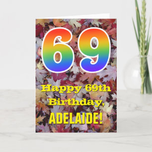 69th Birthday; Rustic Autumn Leaves; Rainbow "69" Card