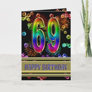 69th Birthday with rainbow bubbles and fireworks Card