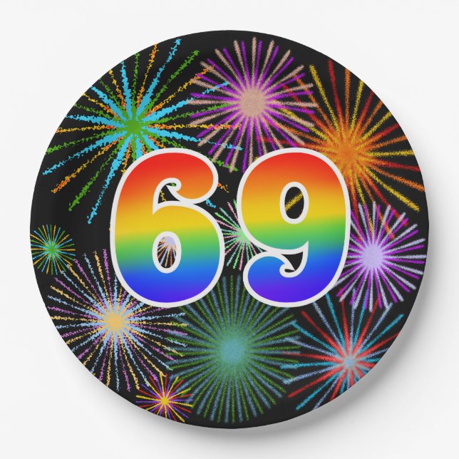 69th Event - Fun, Colourful, Bold, Rainbow 69 Paper Plate (Front)