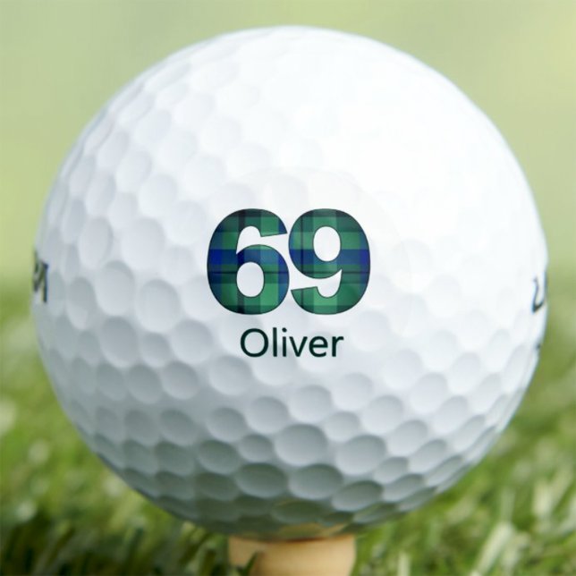 69th Golf Gift - Cool Blue Green Tartan Custom Balls (Creator Uploaded)